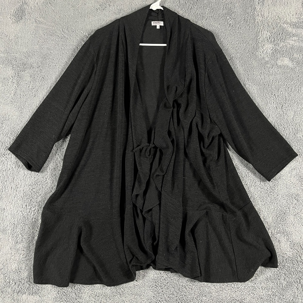 Kiyonna Cardigan Sweater Womens 4 Black Draped Ruffle Hem Long Sleeve Open Front
